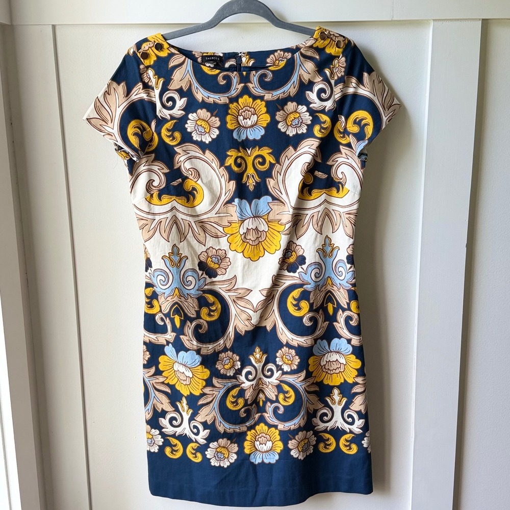 Talbots Sheath Dress Blue Gold Floral Baroque Button Cap Sleeve Cotton Size 6
